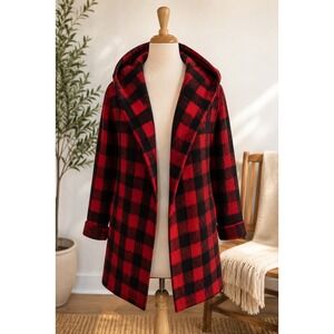 100% Wool Buffalo Plaid Hooded Coatigan Red Black Cozy Cabin‎ Cottagecore M